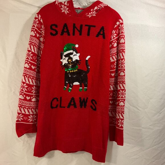 Almost Famous Santa Claws Tuxedo Cat Christmas Sweater with attached hat, Sz XL - Picture 1 of 3